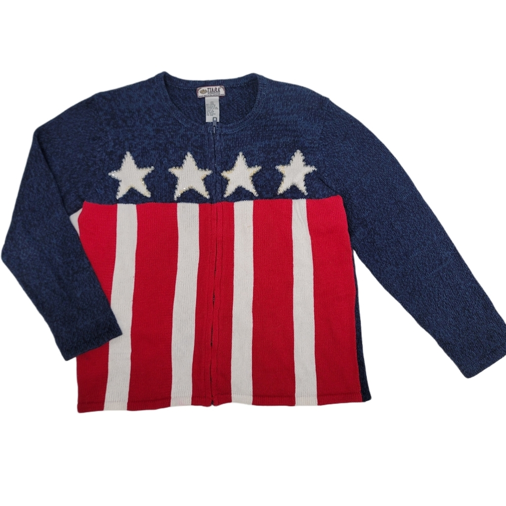 Tiara international design flag sequin red white and blue american flag sweater